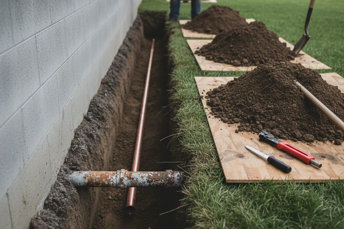 Excavated water line trench during Water Softener Installation in Cleveland